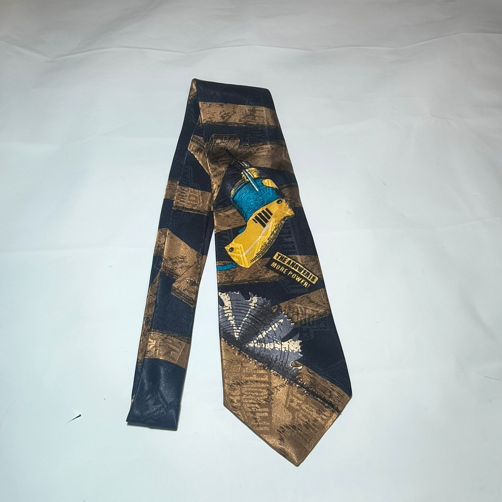 Vintage Home Improvement TV Show Tie More Power Tim Taylor Tool Drill Navy Gold